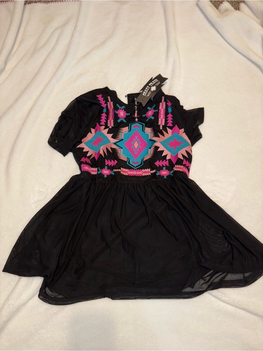 Crazy Train Black Top with Pink & Teal Embroidered Front